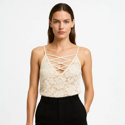 Camiseta sin mangas Express Crema Floral Encaje Forrada Sin Mangas Entrecruzada Cami Camisola M Foto 1 de 4
