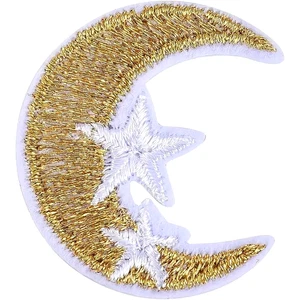 Golden Crescent Moon & Stars Embroidered Iron-On Patch1+1/2 x 1+1/2 inch - Picture 1 of 6