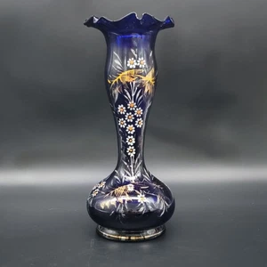 Jarrón antiguo bohemio de vidrio azul cobalto pintado a mano hojas de margaritas 10" T - Imagen 1 de 24