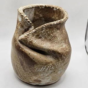 Vaso ceramica arte studio 5,5" astratto firmato tenuta ritrovamento marrone - Foto 1 di 8