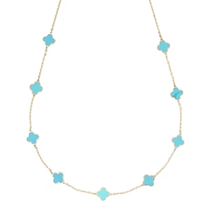 Halskette Mit 9 Türkisfarbenen Kleeblättern Aus 18K Gelbgold - Bild 1 von 2