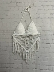 Fringe Hem Crochet Halter Top SIze Small White Sleeveless Cropped - Picture 1 of 7