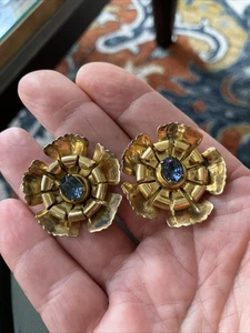 Vintage Earrings Sterling Gold Vermeil Vintage Flower  Blue Stone Large Earrings - Picture 1 of 4