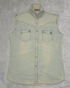 Christian Audigier Pearl Snap Denim Shirt Sleeveless XL Blue Biker Western Wear - Picture 1 of 20