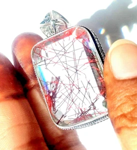 Red Rutilated Quartz Gemstone 925 Sterling Silver Handmade Jewelry Pendant 2.1" - Picture 1 of 10