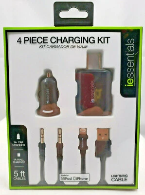 IESSENTIALS 4 PC CHARGING KIT 1A WALL & CAR CHARGERS + AUDIO 5FT LIGHNING IPHONE - Image 1 of 4