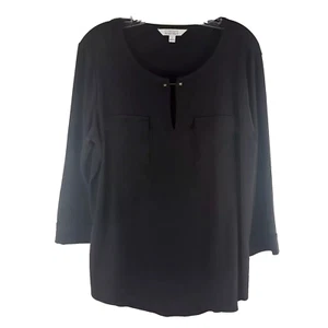 Ellen Tracy Blouse Womens Large Black 3/4 Sleeves Gold Logo Detail Peak A Bo - Picture 1 of 10