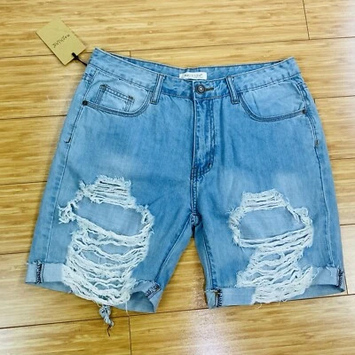 Machine Jean Shorts Women Blue Denim Distress Nouvelle Mode High Rise Mom Large - Image 1 of 4