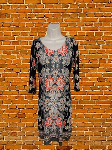 WOMENS MONSOON SIZE UK 8 FLORAL 3/4 SLEEVE MIDI DRESS JERSEY STRETCH SUMMER VGC - Picture 1 of 5