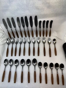 Vintage MCM Dansk Designs IHQ FJORD Germany Flatware 34 Piece Teak Wood Set - Picture 1 of 12