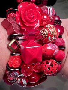 Handmade Safety pin Stretchy Bracelet Made W/ High Qlty Red Beads (reg & XL) - Picture 1 of 7