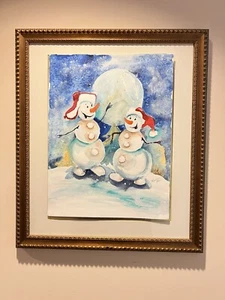 Christmas Watercolor Painting Print Snowman Pals Winter Wonderland 10x14” Art - Picture 1 of 9