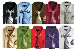 Men's French Cuff Dress Shirt Designed+ Matching Tie + Handkerchief Set style 28 - Picture 1 of 14