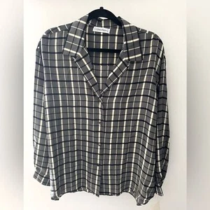 Blusa Resort Nueva con Etiquetas Calvin Klein Negra y Amarilla Cuello A Cuadros Abotonada Seda 14 - Imagen 1 de 6