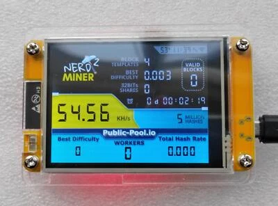 2.8" Nerd Miner Bitcoin Solo Miner Home Lotto +USB Ready Plug&Play 55K Hashrate