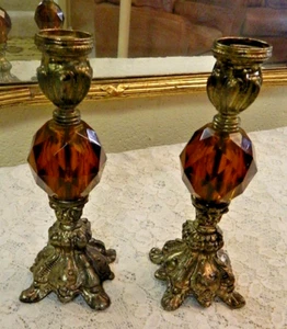 Vintage Pair MCM Brass/Bronze Candle Stick Holder 8" Amber Lucite/Acrylic - Picture 1 of 5