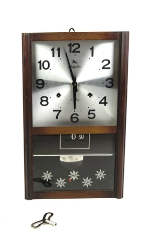 Vintage MCM Rhythm 30 Day Chiming Wall Clock in Wooden Case with Key 1960s 1970s Cover
