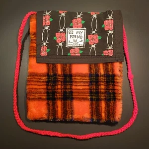 RARE 90s 1990s Red Plaid Plush Bag Crossbody Roses Barb Wire Grunge Skater - Picture 1 of 5