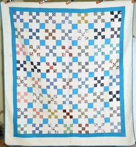 Large BEAUTIFUL 30's Nine Patch Antique Quilt ~Solid Blue Accents!! - Picture 1 of 10