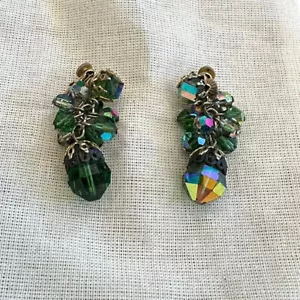 VENDOME Vintage Earrings Faceted Green AB Crystal Signed Screw Back Dangle - Picture 1 of 7