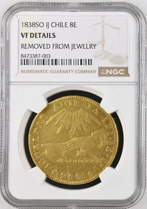 Moneda de oro Chile 1838 So IJ 8 escudos 27 gramos NGC VF Santiago como nueva KM#93 Fr-37 - Imagen 1 de 4