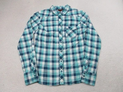 Mammut 衬衫女式小号蓝色蓝绿色格子纽扣长袖户外远足 — 第 1/4 张图片