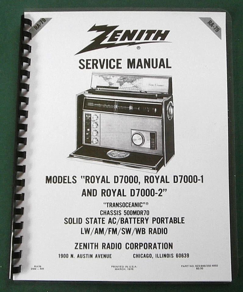 Zenith Trans-Oceanic Royal D7000 service manual: w/ 11"X26" Foldout Schematic   - Image 1 of 1