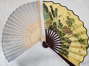 Hand Held Oriental fans, Silky, Nylon, Bamboo Folding Set of 2 - Picture 1 of 7