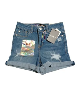 DKNY Hipster Girls Shorts Distressed w/Bracelet - Blue Denim Cuffed Size 10 - Picture 1 of 4