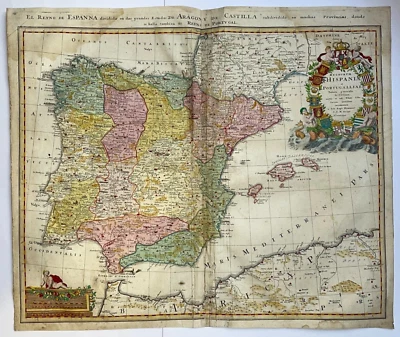 ESPAÑA PORTUGAL c. 1730 HOMANN HEREDEROS GRAN MAPA ANTIGUO SIGLO XVIII Foto 1 de 4