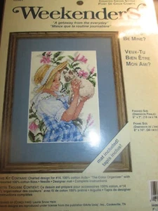 NIP Vintage GIRL w/KITTEN Won't You Be Mine CROSS STITCH KIT w/MAT - 1990's - Picture 1 of 2