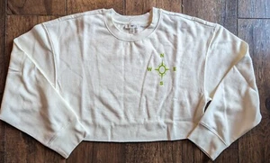BP Women's Ivory & Green Topo Graphic Sweatshirt Pullover Long Sleeve Crop Top S - Picture 1 of 20