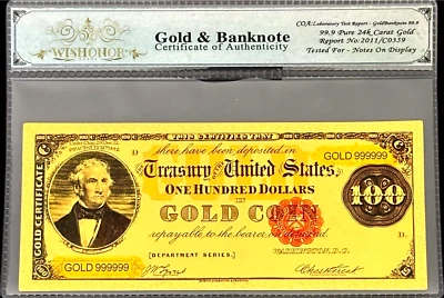 1882 $100 GOLD CERTIFICATE US BANKNOTE IN PROTECTIVE SLEEVE W COA -99.9 24K GOLD - Image 1 of 4