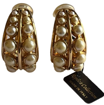 Réplica Colección Pendientes Clip Imitación Perla Tono Dorado Aro Italia Declaración Nuevo Foto 1 de 4