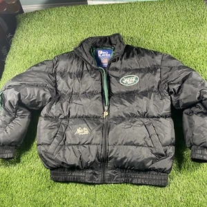 VTG New York Jets Pro Player Puffer Jacket Mens Large USA Black Down Coat - Picture 1 of 16