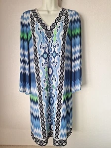 Maggy London Tunic Dress Size 2 Blue Abstract Flared Sleeve Aztec Tribal FLAWS - Picture 1 of 13