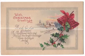 CHRISTMAS GREETINGS Red Leaf Bells HOLLY LEAVES & BERRIES Postcard DB - Picture 1 of 2