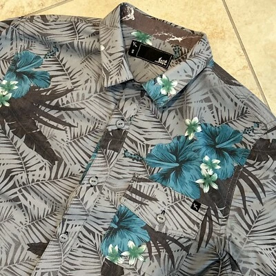 Camisa Lost Hawaiian Para Hombre Pequeña Gris Azul Manga Corta Abotonada Floral Surf Foto 1 de 4
