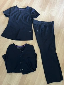 Purple Label Women's BLACK XS 3 Piece Scrub Set Top, Yoga PETIT Pants & Jacket - Picture 1 of 5