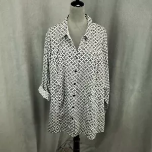 Catherines Blouse Womens 4X Black White Roll Tab Sleeve Button Up 30W 32W - Picture 1 of 9