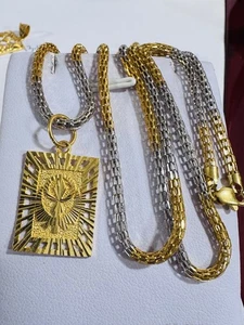 22K Solid 916 Real twotone Fine Gold Frame Sikh Necklace 21/21.5” Long 13.5g 3mm - Picture 1 of 24
