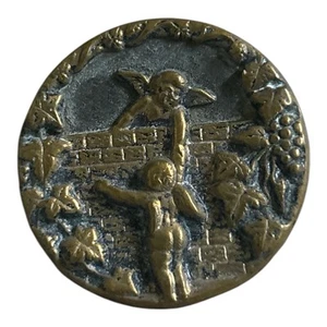 Antique Rare Brass Picture Button Cherub On Facing Wall w/ Grapevines Metal - Picture 1 of 6