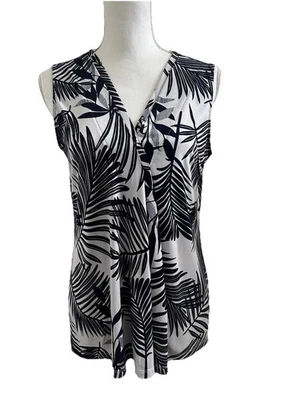 Blusa Dana Buchman Mediana Blanca Azul Marino Floral Tropical Foto 1 de 4