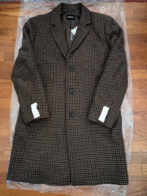 Express Mens Brown  & Black Houndstooth Overcoat Size Large. NWT - Image 1 of 4