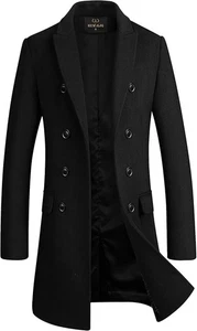 HXW.GJQ Herren Premium Wollmischung zweireihiger langer Erbsenmantel schwarz SMALL - Bild 1 von 9