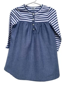 Mini Boden Baby Girl Size 18-24M Blue White Long Sleeve Dress 100% Cotton *FLAW* - Picture 1 of 6
