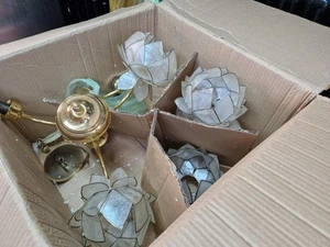 Set Lampadario + 2 Appliques In Ottone E Vetro Madreperla - Foto 1 di 3