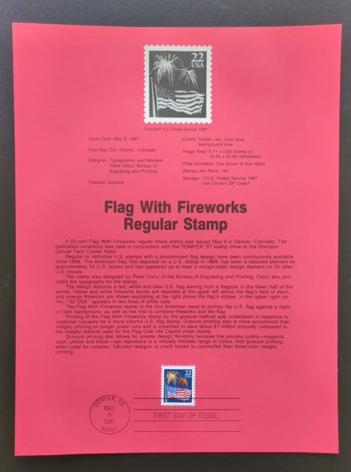 22c Flag with Fireworks 1987 SOUVENIR PAGE SCOTT # 2276 SP782 - Image 1 of 1
