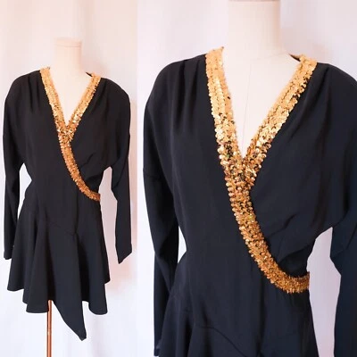 Mini falda patinadora negra Art Deco vintage años 50 mangas largas + lentejuelas doradas Foto 1 de 4