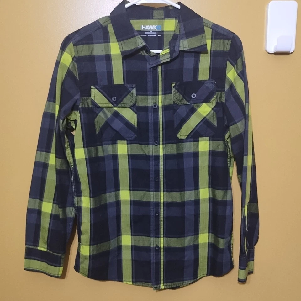 Мальчики Hawk длинным рукавом на пуговицах клетку хлопковая смесь рубашка YXL - Изображение 1 из 4